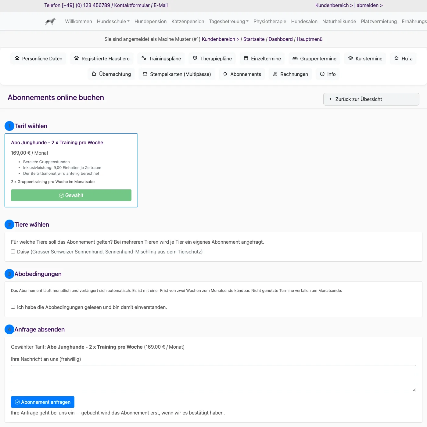 Seite Abonnements online buchen im Kundenbereich