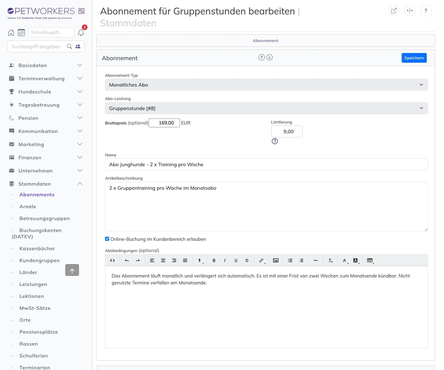Formular einer Abo-Vorlage mit Abo-Leistung, Bruttopreis, Limitierung, Name und Abobedingungen