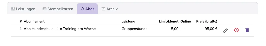 Reiter Abos der Seite Leistungen → Gruppenstunden mit einer Abo-Vorlage