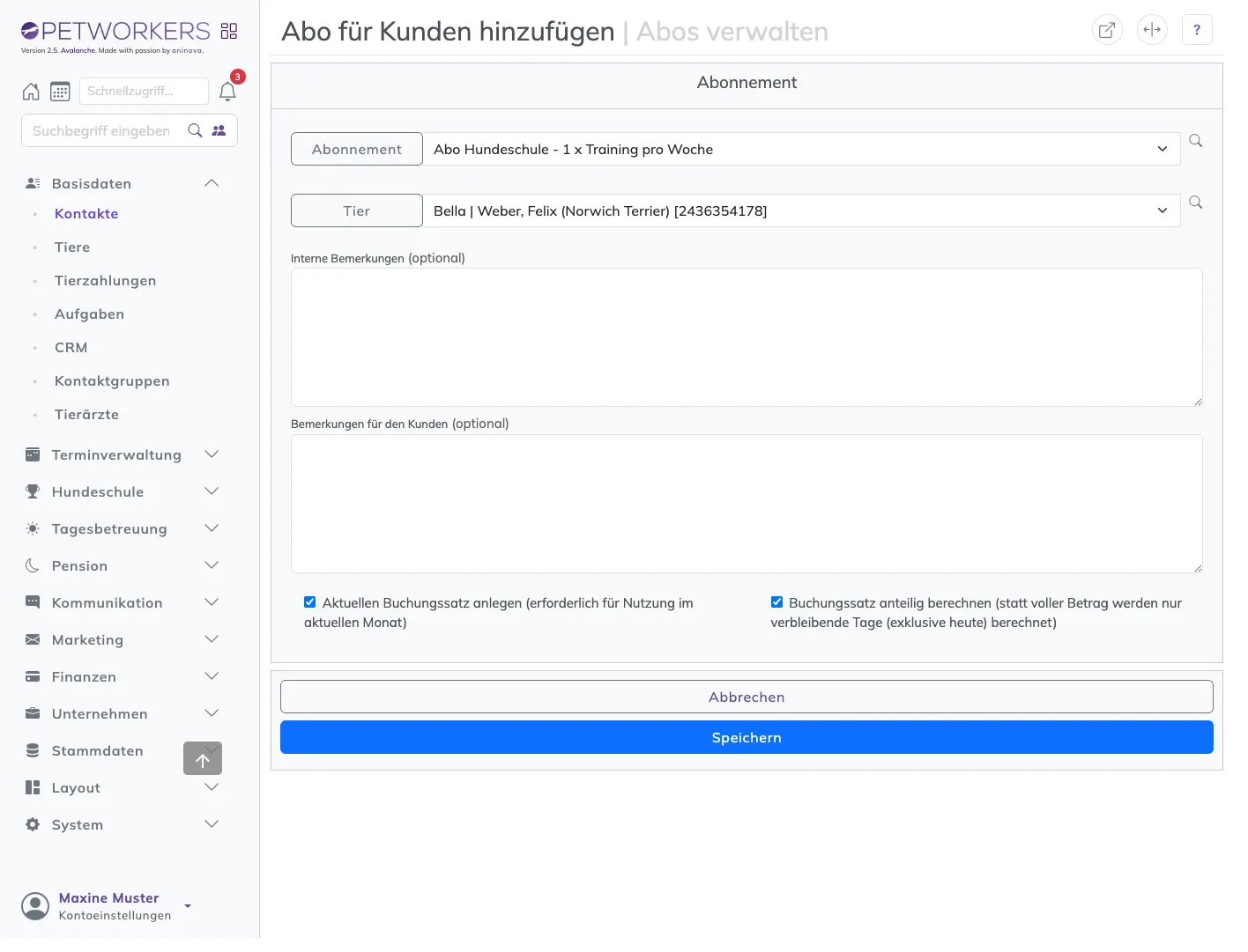 Formular Abo für Kunden hinzufügen mit Abonnement, Tier und den Haken für den aktuellen Buchungssatz