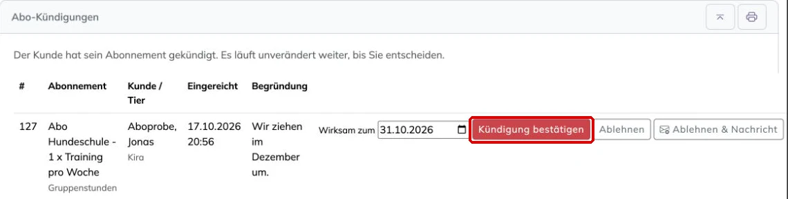 Kasten Abo-Kündigungen mit dem Knopf Kündigung bestätigen