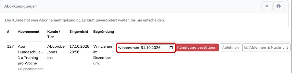 Kasten Abo-Kündigungen mit dem Feld Wirksam zum