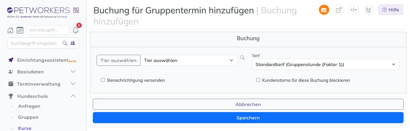 Das Formular Buchung für Gruppentermin hinzufügen mit Tierauswahl, Tarif und zwei Haken
