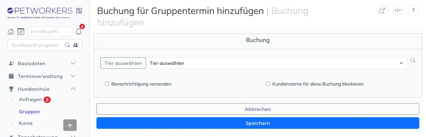 Das Formular Buchung für Gruppentermin hinzufügen mit Tierauswahl und zwei Haken