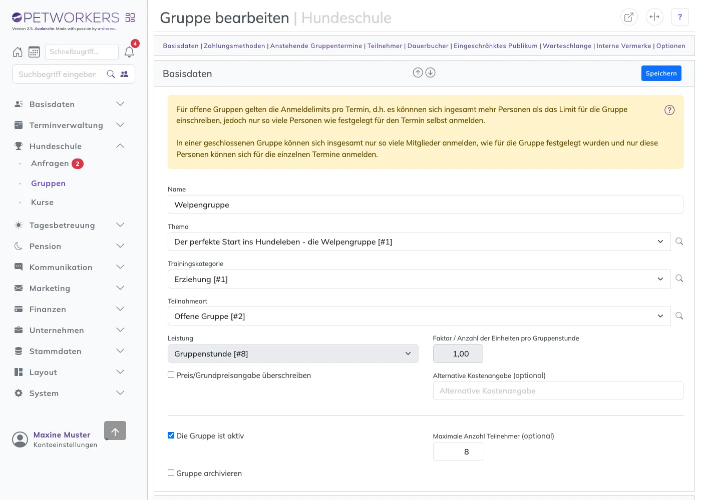 Das Formular Gruppe bearbeiten mit den Basisdaten der Welpengruppe