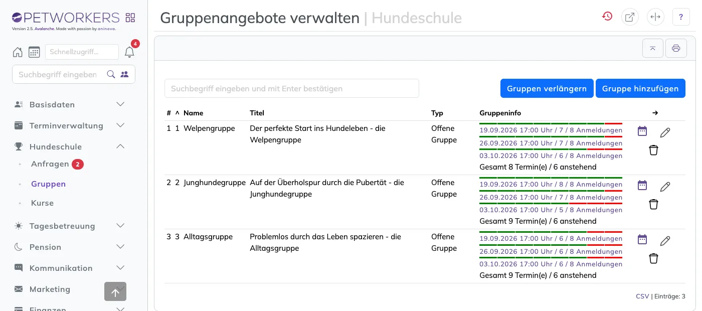 Die Gruppenübersicht unter Hundeschule → Gruppen mit drei Gruppen und ihren nächsten Terminen
