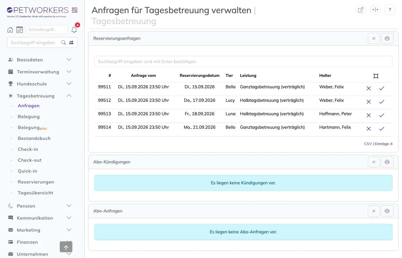 Die Seite Anfragen für Tagesbetreuung verwalten mit vier Reservierungsanfragen und je einem Kreuz und einem Haken