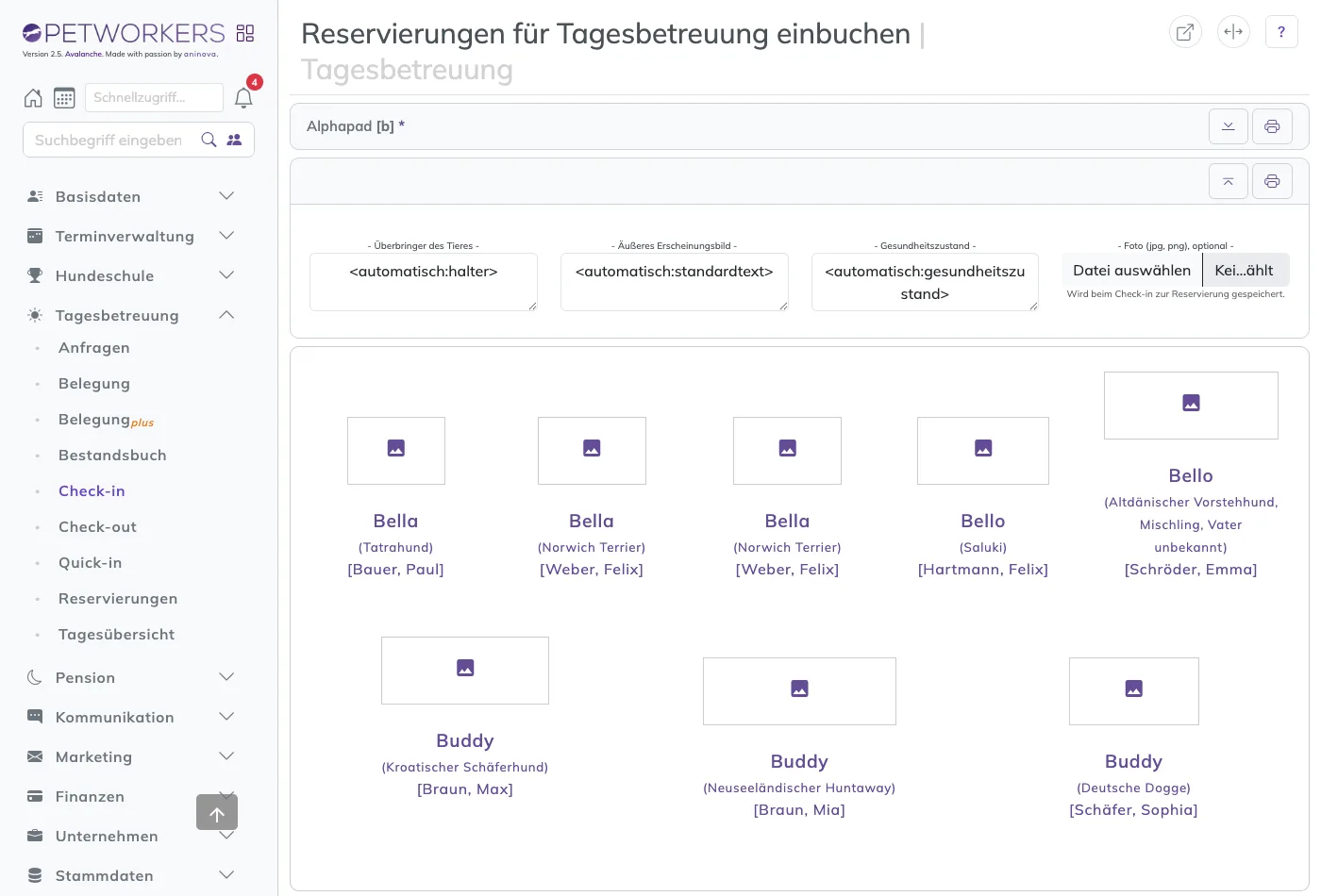 Das Alphapad für den Check-in mit den Protokollfeldern oben und den Tieren mit B als Kacheln
