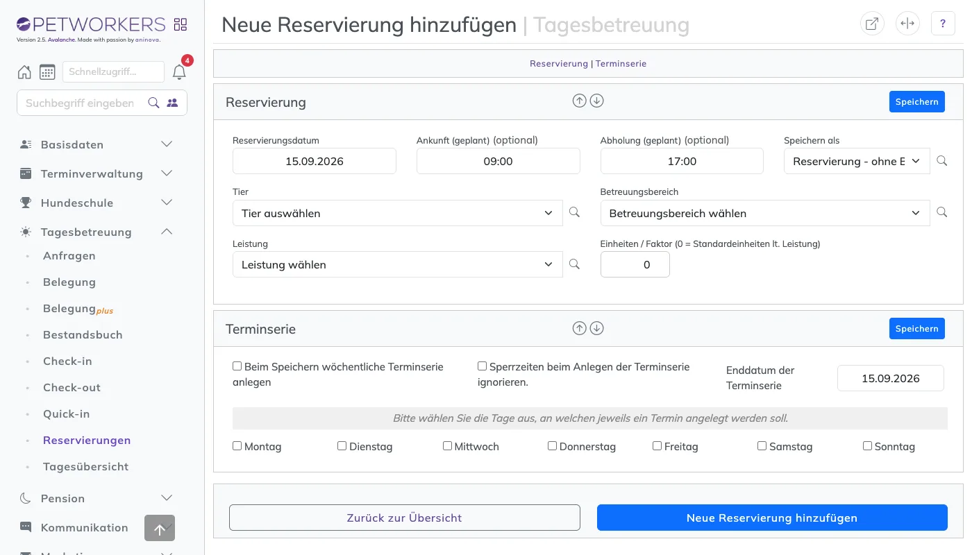 Das Formular Neue Reservierung hinzufügen mit Reservierungsdatum, Zeiten, Speichern als, Tier, Betreuungsbereich, Leistung und Terminserie