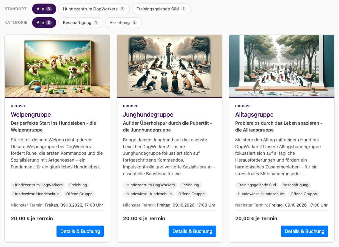 Gruppenliste auf der Website mit den Filtern Standort und Kategorie über den Karten