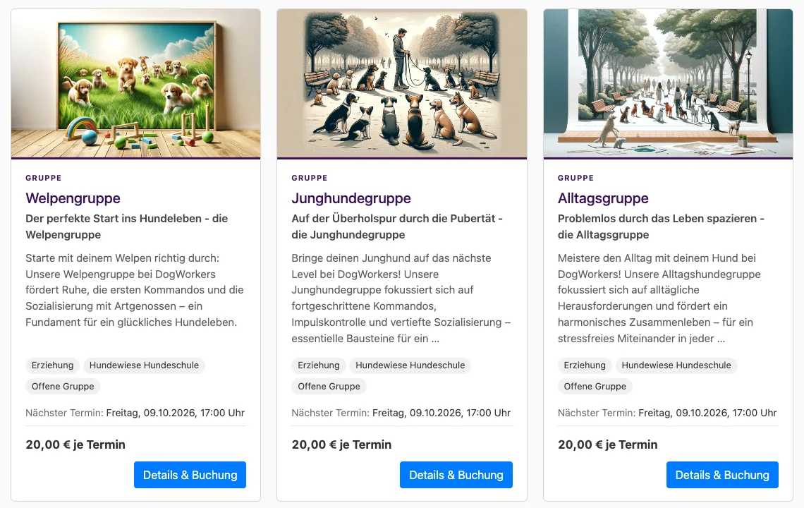 Gruppenliste auf der Website mit drei Karten mit Bild, Kurztext, Merkmalen, nächstem Termin, Preis und Knopf Details & Buchung