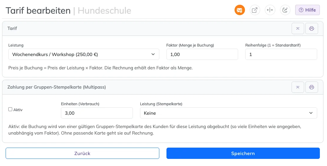 Seite Tarif bearbeiten mit Leistung, Faktor, Reihenfolge und dem Abschnitt Zahlung per Gruppen-Stempelkarte