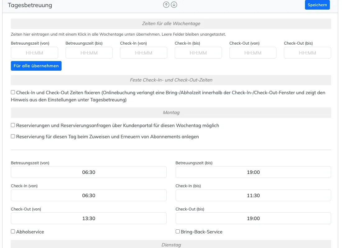 Abschnitt Tagesbetreuung mit Zeiten für alle Wochentage, festen Check-In- und Check-Out-Zeiten und dem Wochenplan Montag