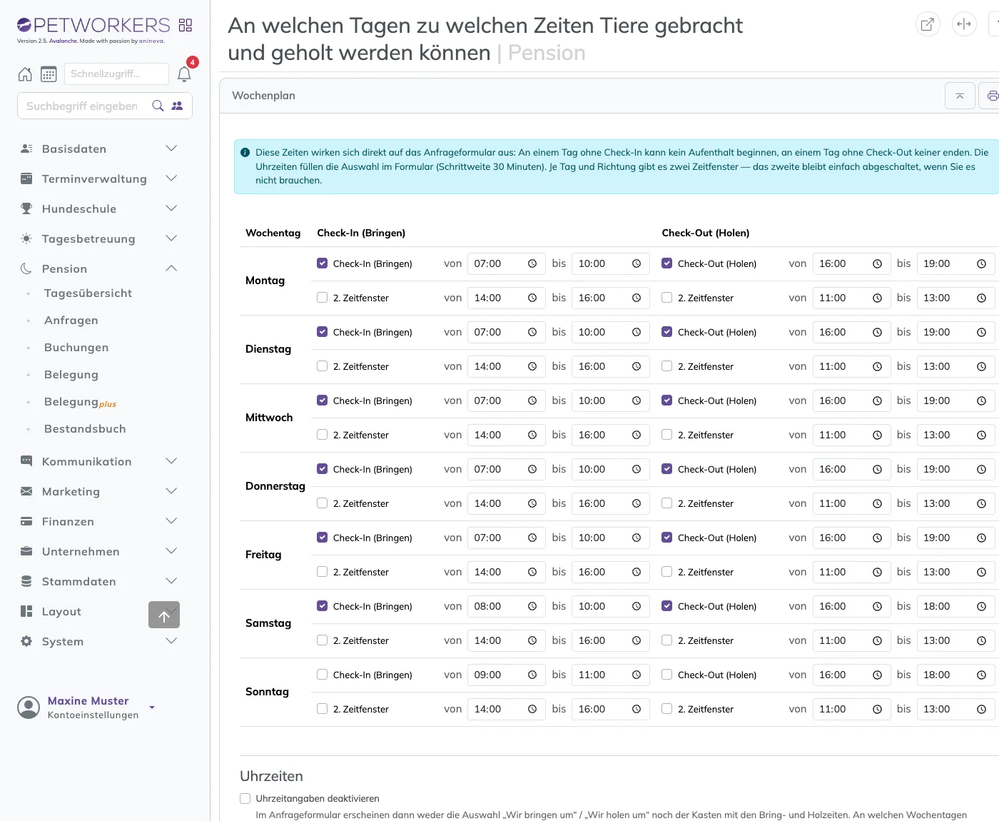 Der Wochenplan der Bring- und Holzeiten mit zwei Zeitfenstern je Wochentag
