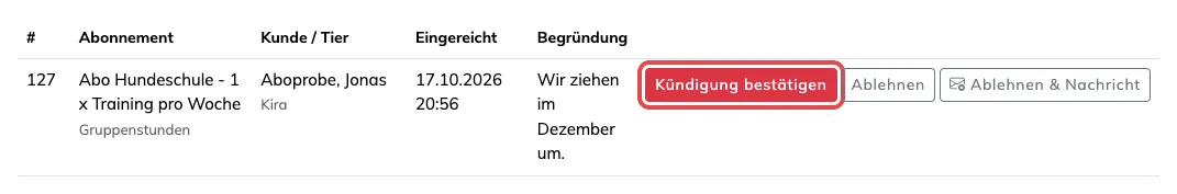 Kasten Abo-Kündigungen mit dem Knopf Kündigung bestätigen