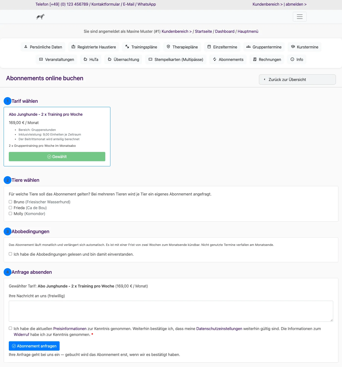 Seite Abonnements online buchen im Kundenbereich