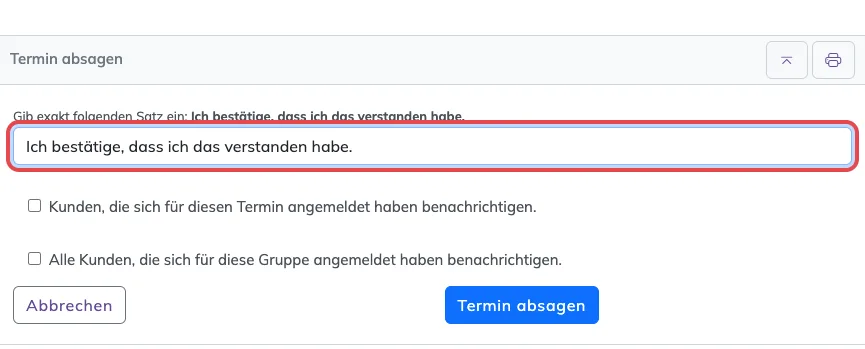 Feld für den Bestätigungssatz, rot markiert und ausgefüllt