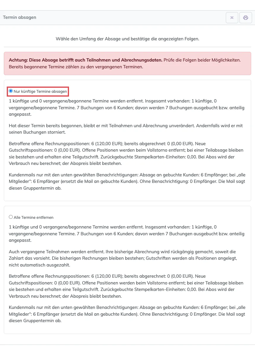 Fenster Termin absagen mit den zwei Möglichkeiten und ihren Folgen, die erste ist rot markiert und gewählt