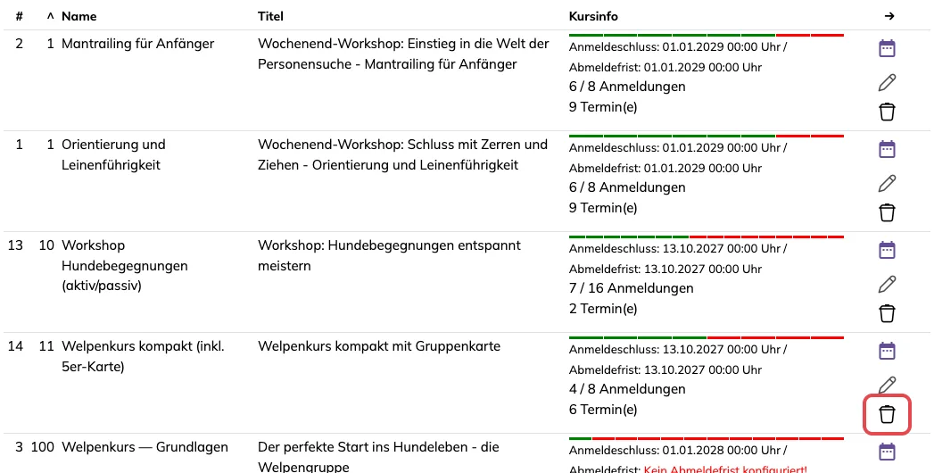 Kursübersicht mit rot markiertem Papierkorb in der Zeile eines Kurses
