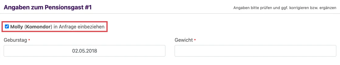 Anfrageformular der Pension mit dem angehakten Kästchen Molly (Komondor) in Anfrage einbeziehen