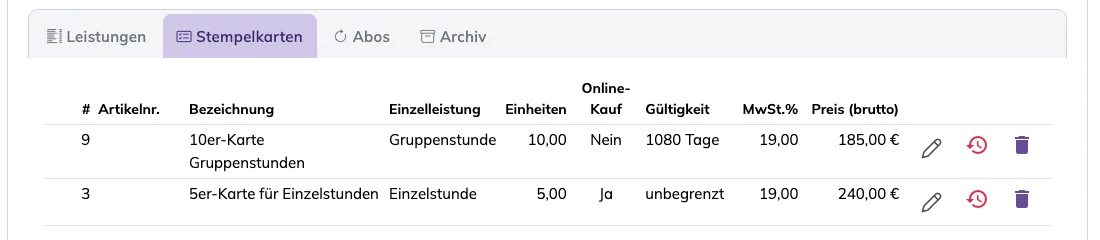 Reiter Stempelkarten der Seite Leistungen → Gruppenstunden mit zwei Karten
