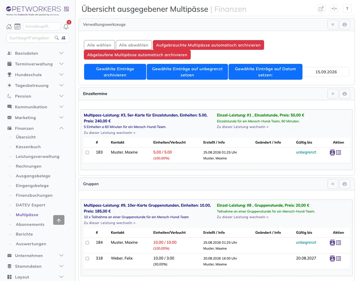 Übersicht ausgegebener Multipässe unter Finanzen → Multipässe