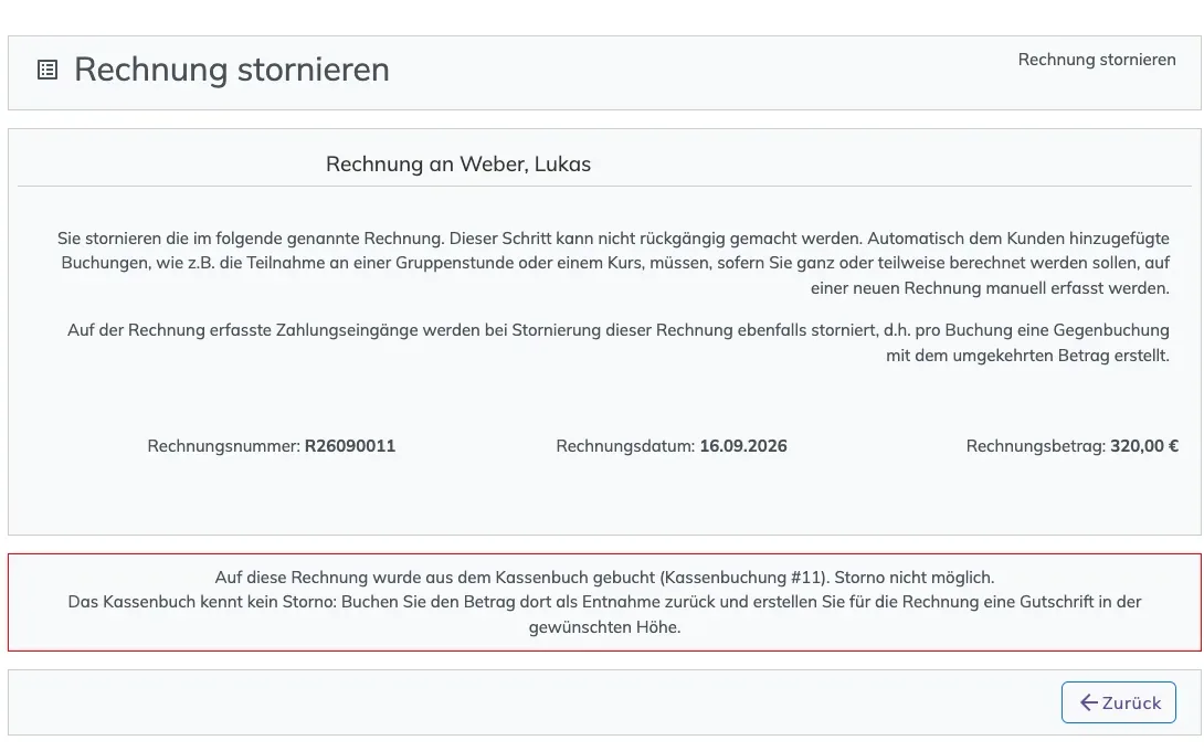Meldung auf der Storno-Seite: Auf diese Rechnung wurde aus dem Kassenbuch gebucht, Storno nicht möglich