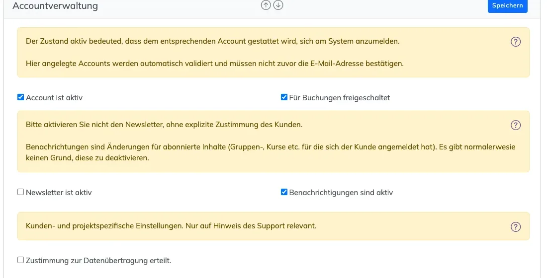 Abschnitt Accountverwaltung mit den Häkchen Account ist aktiv, Für Buchungen freigeschaltet, Newsletter ist aktiv und Benachrichtigungen sind aktiv
