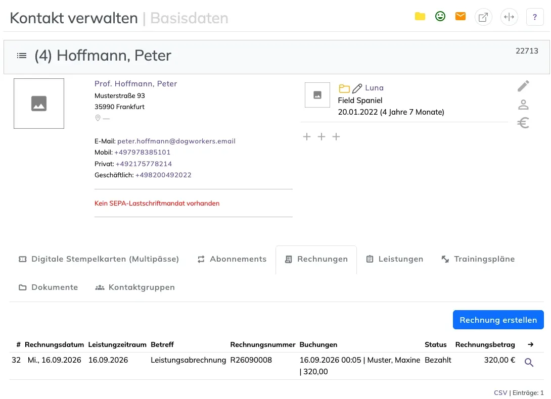 Kundenkartei mit Kopfdaten, dem Tier Luna und dem geöffneten Reiter Rechnungen