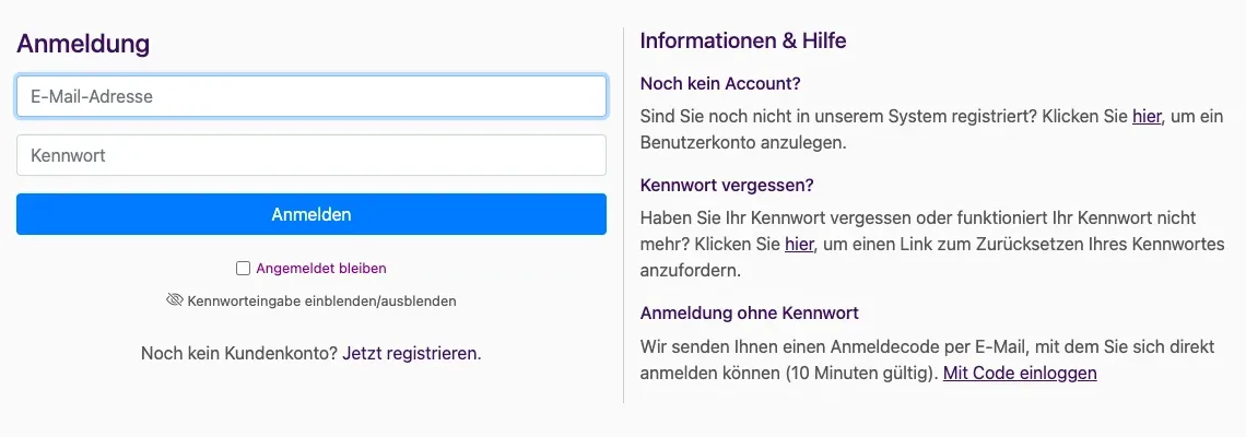 Anmeldeseite mit E-Mail, Kennwort, Angemeldet bleiben und der Hilfespalte