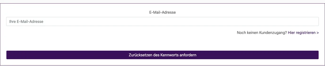 Seite Kennwort zurücksetzen mit E-Mail-Feld und Knopf