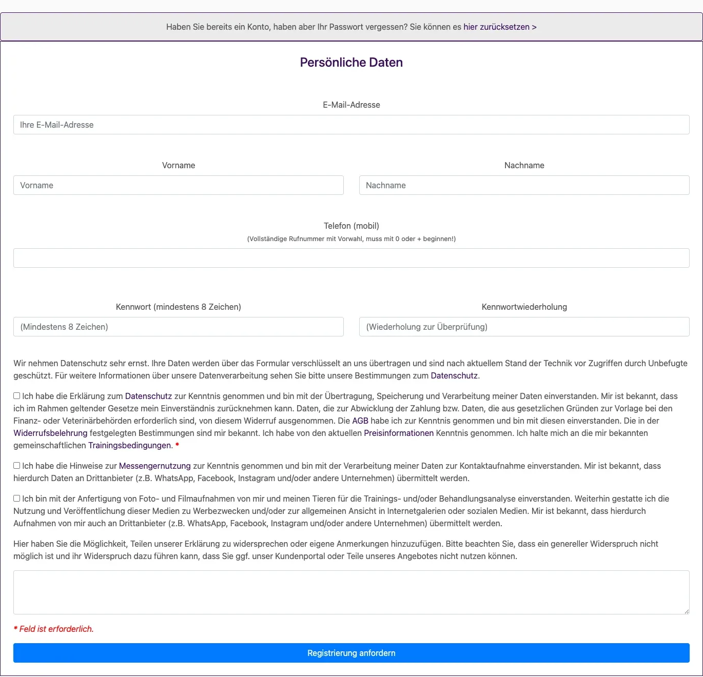 Registrierungsformular des Kundenportals mit Feldern für E-Mail, Name, Telefon, Kennwort und den Zustimmungen