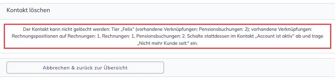 Meldung Der Kontakt kann nicht gelöscht werden mit der Liste der Verknüpfungen
