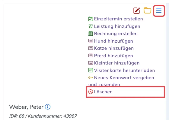 Geöffnetes Menü Weitere Optionen in der Kontaktkarte mit dem Eintrag Löschen