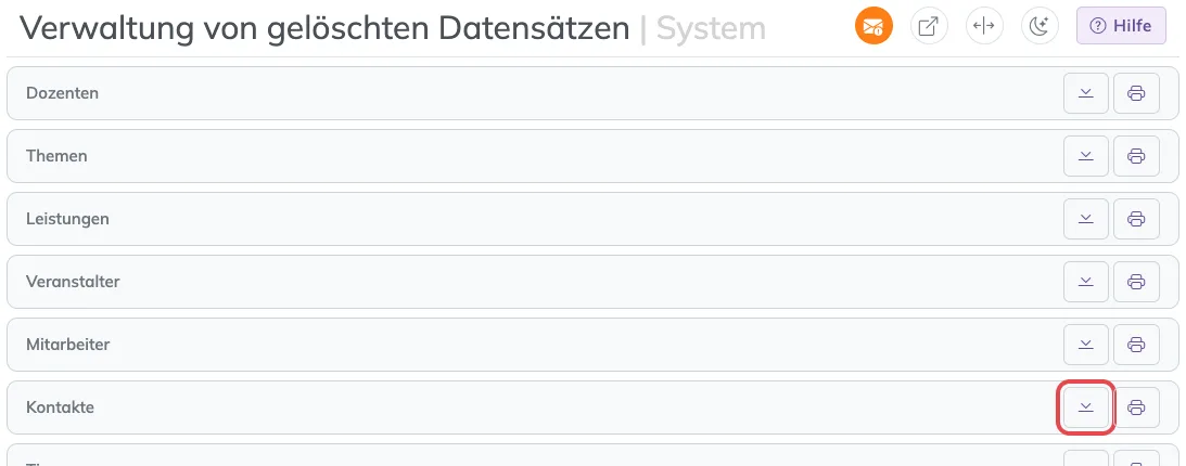 Papierkorb mit zugeklappten Kästen, beim Kasten Kontakte ist das Symbol Anzeigen / Ausblenden markiert