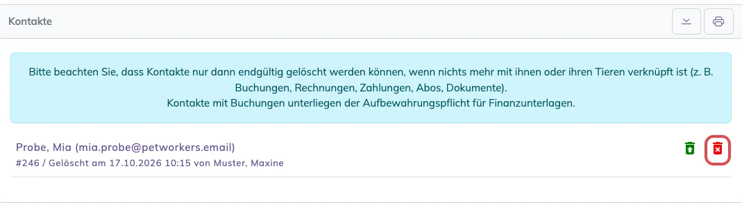 Aufgeklappter Kasten Kontakte im Papierkorb mit grünem Symbol Wiederherstellen und rotem Symbol Endgültig löschen