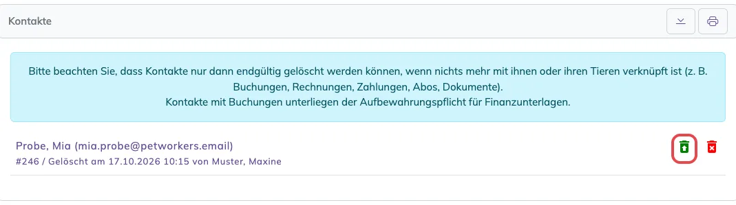 Aufgeklappter Kasten Kontakte im Papierkorb, das grüne Symbol Wiederherstellen ist markiert