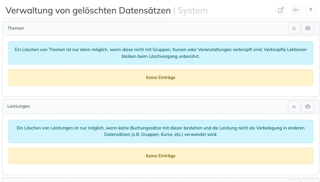 Papierkorb mit aufgeklappten Bereichen Themen, Leistungen, Mitarbeiter, Kontakte und Tiere samt Hinweistexten