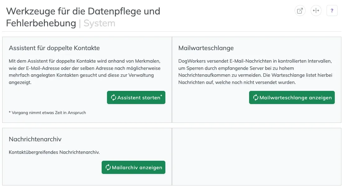 Seite Werkzeuge mit den Kacheln Assistent für doppelte Kontakte, Mailwarteschlange und Nachrichtenarchiv