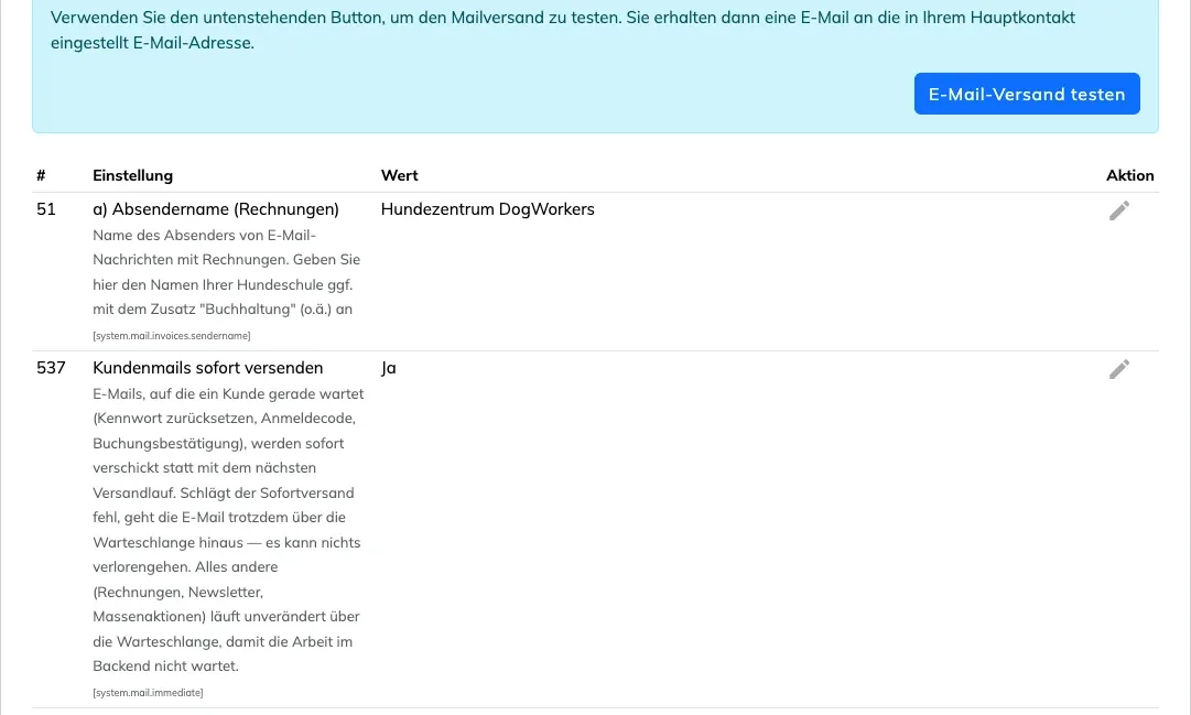 Gruppe E-Mail-Versand mit dem Knopf E-Mail-Versand testen und den Einstellungen Absendername und Kundenmails sofort versenden