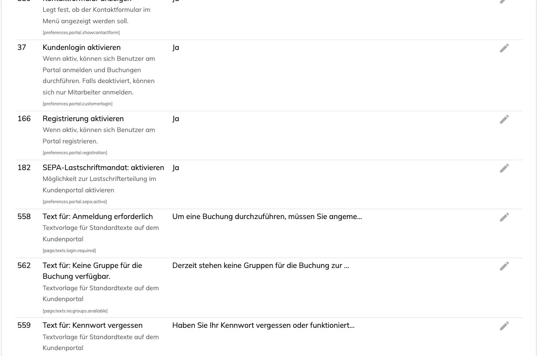 Aufgeklappte Gruppe Kundenportal mit Kundenlogin aktivieren, Registrierung aktivieren und den Texten der Anmeldung