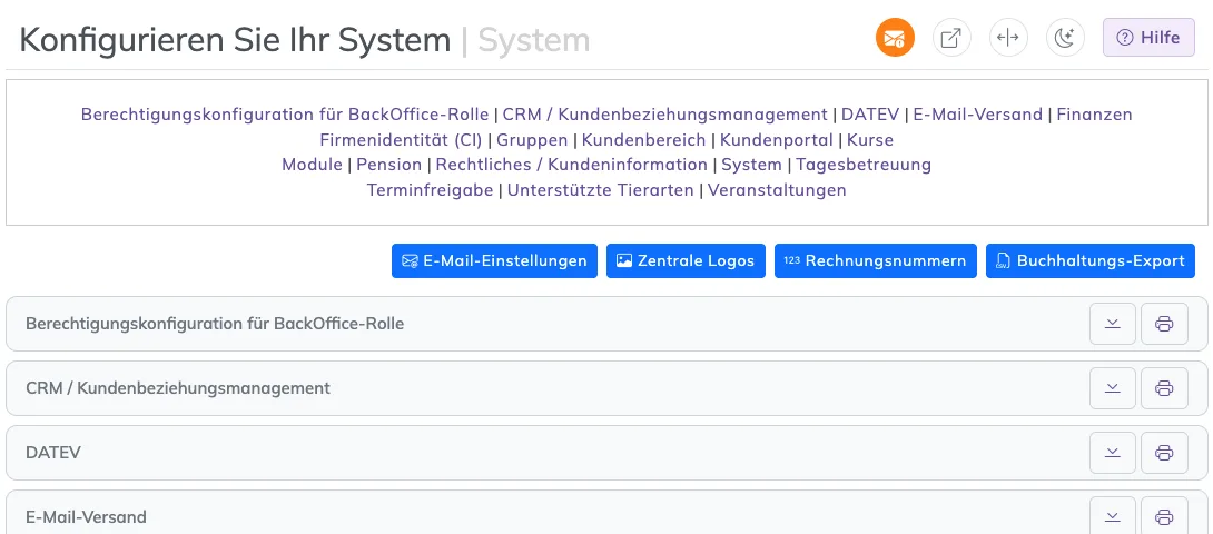 Einstellungsseite mit Linkleiste der Gruppen und den Knöpfen E-Mail-Einstellungen, Zentrale Logos, Rechnungsnummern und Buchhaltungs-Export