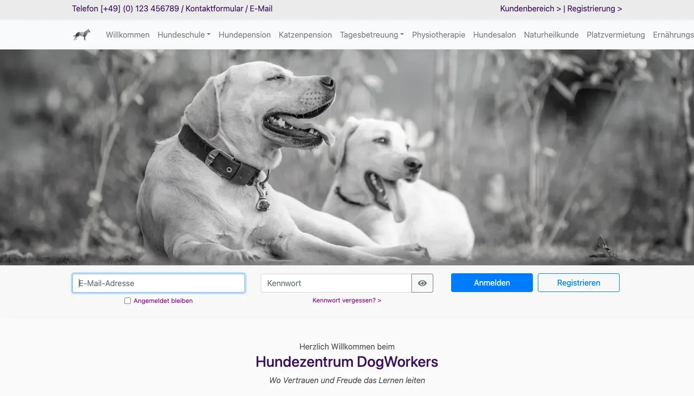 Startseite des Kundenportals mit Menü, Titelbild, Anmeldeleiste und Begrüßungstext