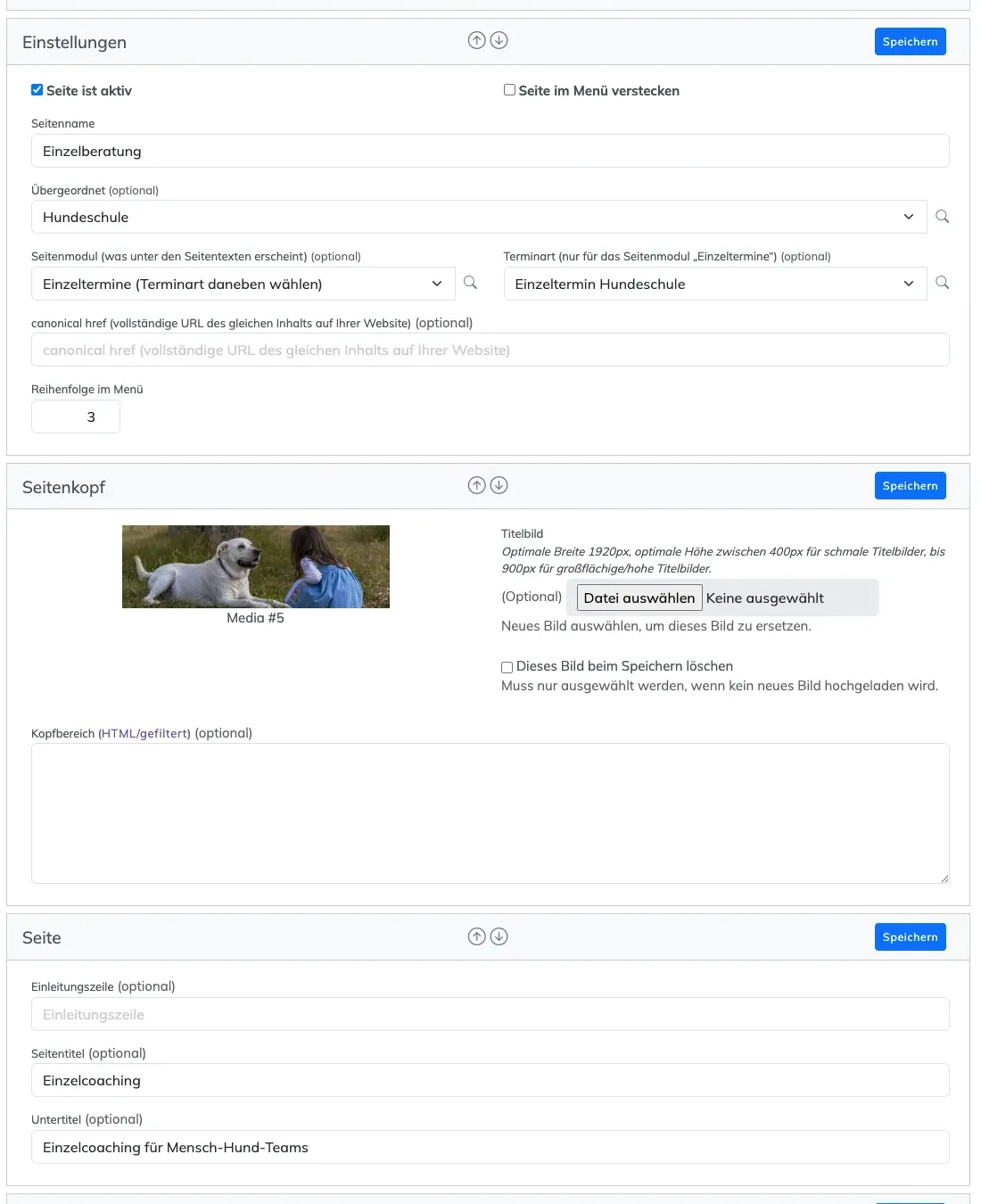 Formular Kundenseite bearbeiten mit den Abschnitten Einstellungen, Seitenkopf und Seite
