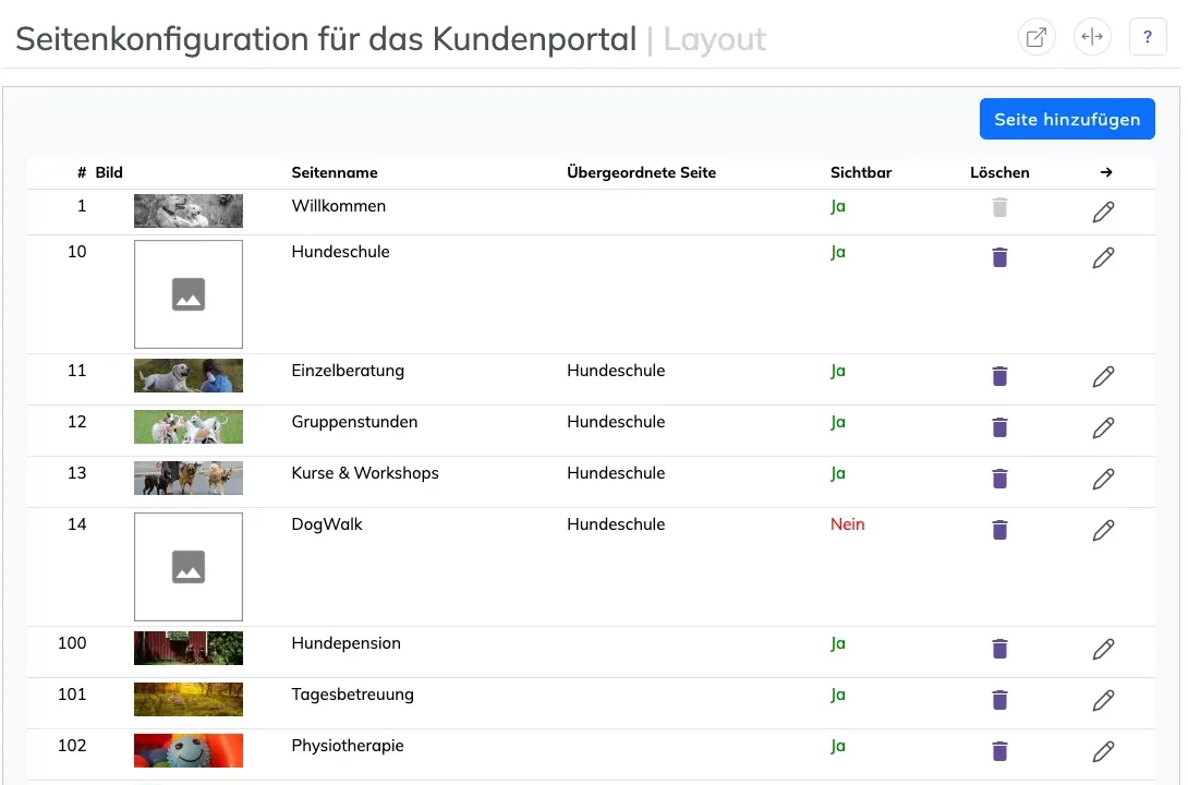 Seitenverwaltung mit Liste der Portalseiten, Titelbild, übergeordneter Seite, Sichtbar und Löschen