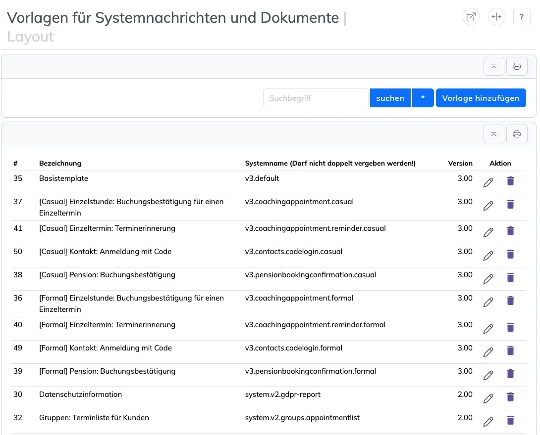Liste Vorlagen für Systemnachrichten und Dokumente mit Bezeichnung, Systemname und Version