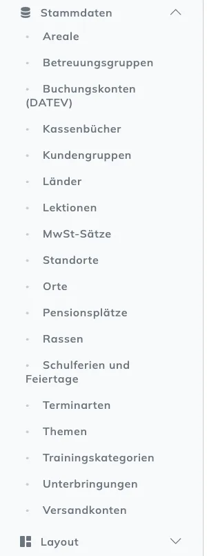 Aufgeklapptes Menü Stammdaten mit allen Unterpunkten