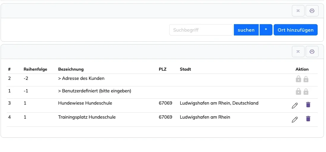 Liste Orte & Treffpunkte mit Suchfeld, Knopf Ort hinzufügen und Stift und Papierkorb je Zeile