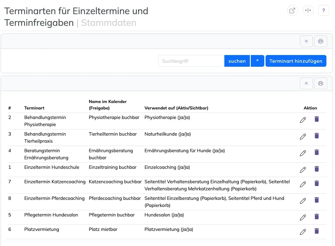 Liste der Terminarten mit Name im Kalender und der Spalte Verwendet auf