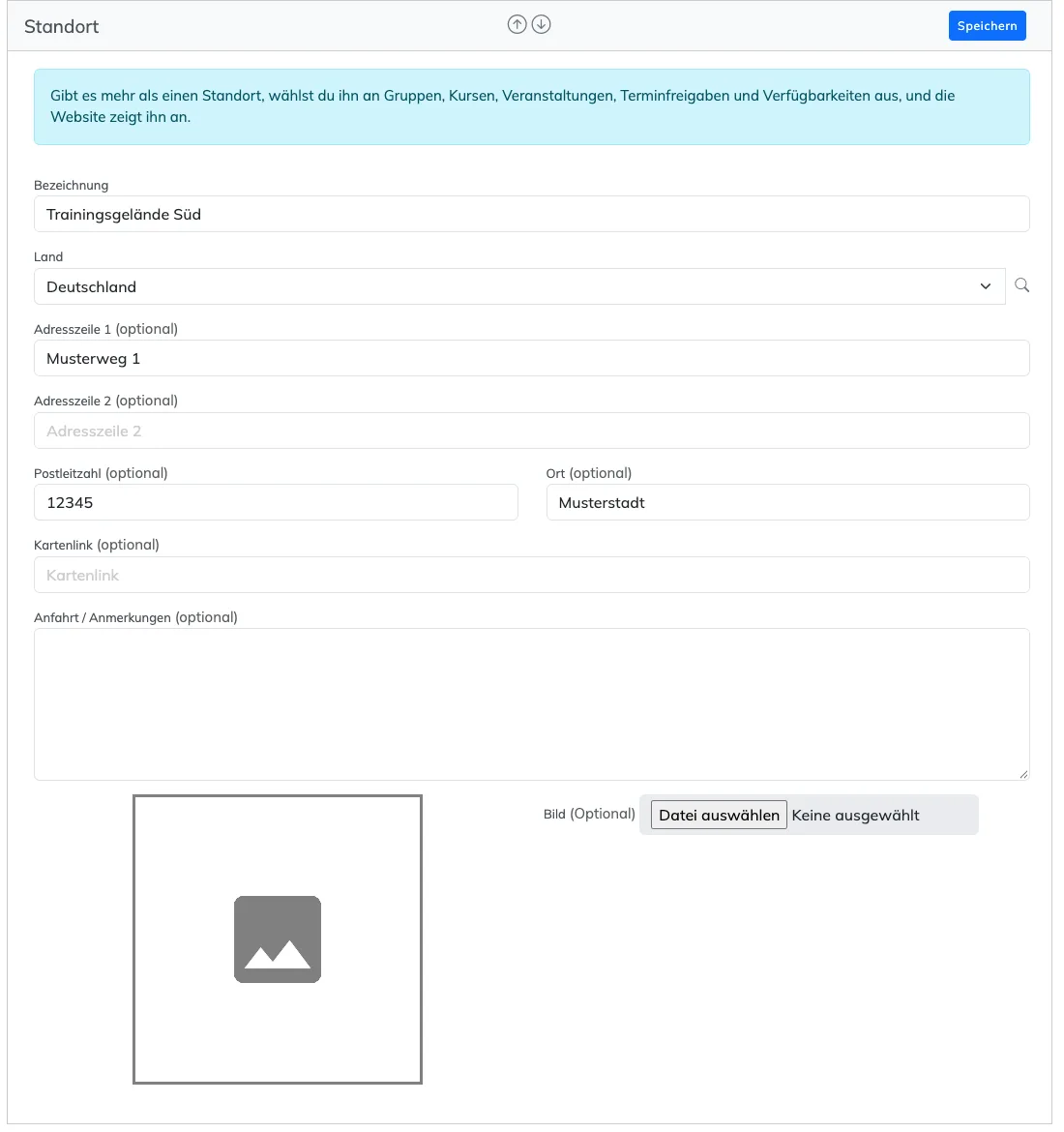 Formular Standort bearbeiten mit Bezeichnung, Land, Adresse, Kartenlink, Anfahrt und Bild
